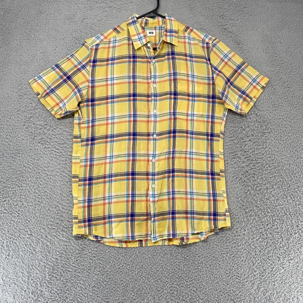 Uniqlo Linen Cotton Shirt Mens Large Plaid Yellow Short Sleeve Button Up Summer